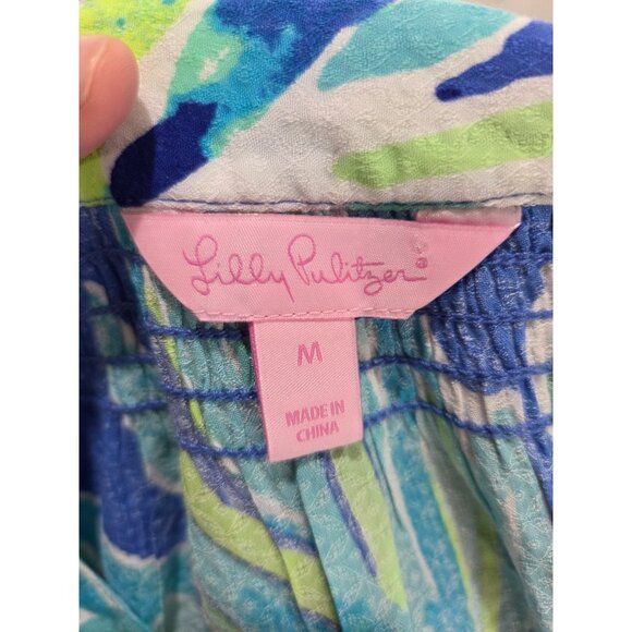 Lilly Pulitzer M Blue Green Bamboo Tropical Poet Sleeve Blouse Button Rayon Top - Picture 4 of 5